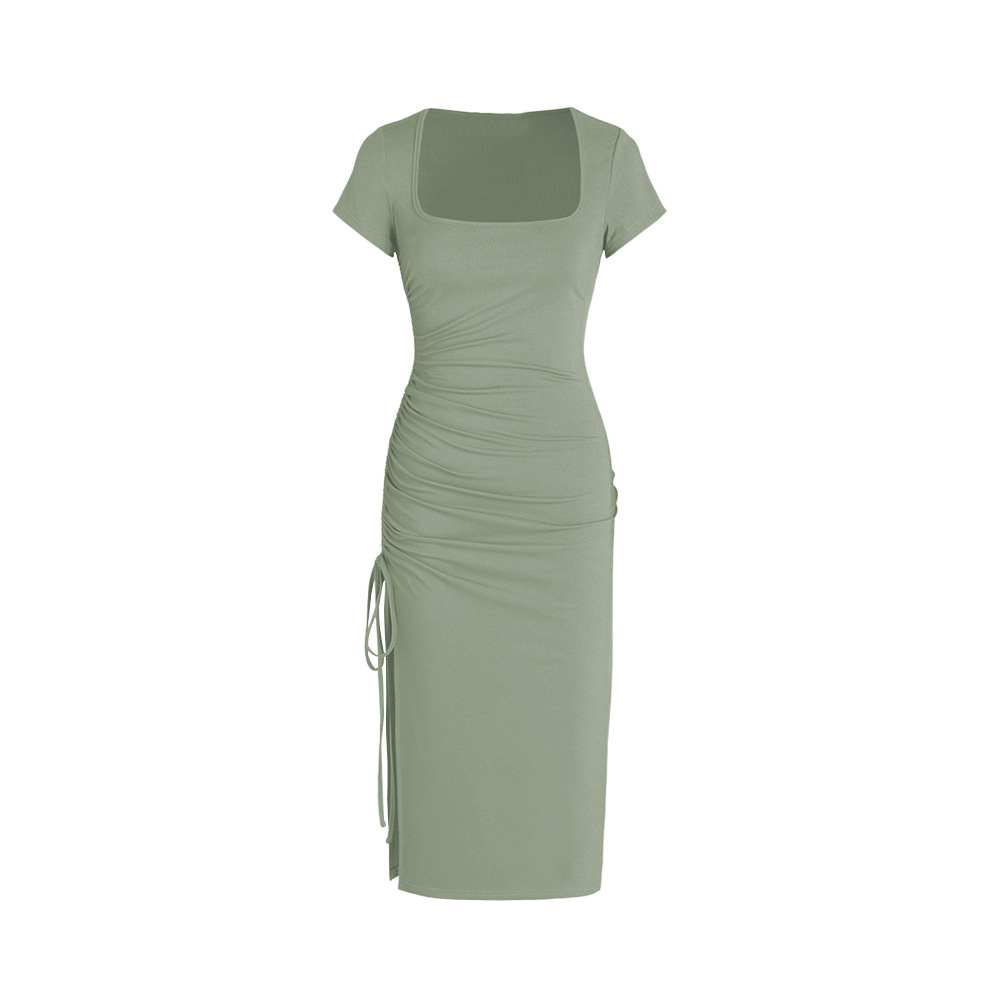 Elegant Slim Fit Side Slit Knitted Pencil Dress with Square Neck and High Waist