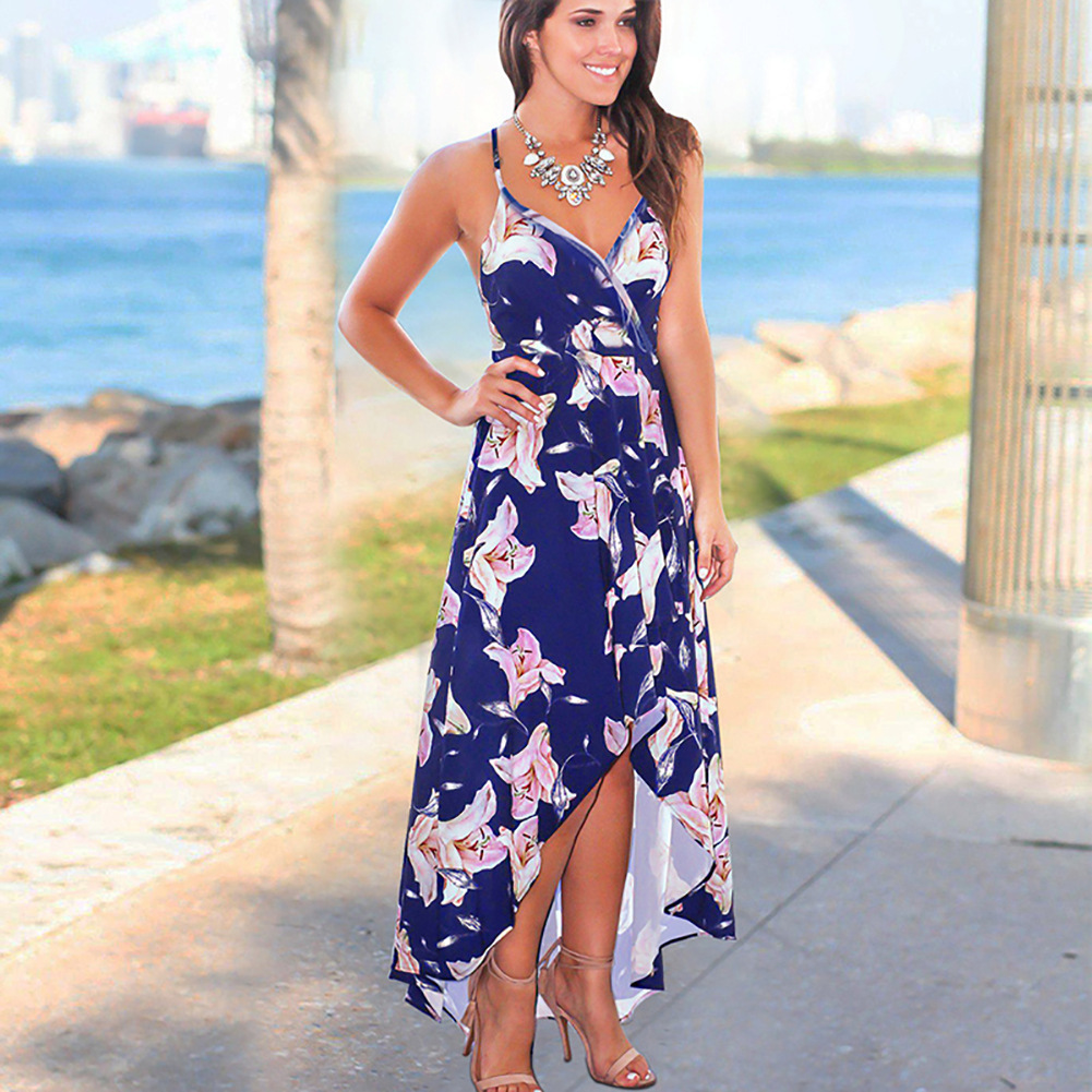 Womens Floral Maxi Dress V Neck High Waist Flared Hem Sleeveless Spring Summer Fashion Wholesale Available