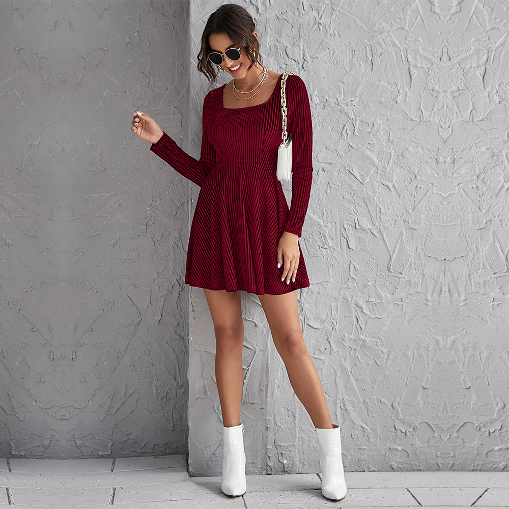 Autumn Winter New Women's Elegant Long Sleeve Velvet Dress with Waist and Flared Skirt for Party