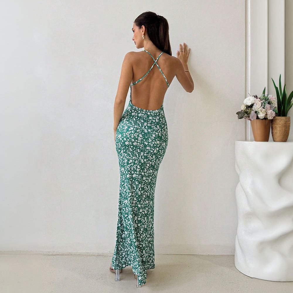 Summer Sexy Backless Mermaid Long Dress Casual Vacation Date Music Festival Floral Spaghetti Strap Dress