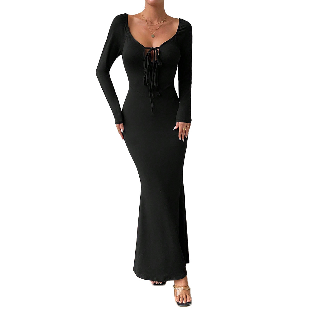 Sexy Elegant Front Tie Large U Neck Slim Fit Long Sleeve Bodycon Long Dress