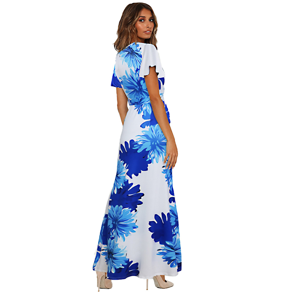 Womens Floral Print Maxi Dress Short Sleeve Round Neck Tie Detail Beachwear for Spring Summer Wholesale Available