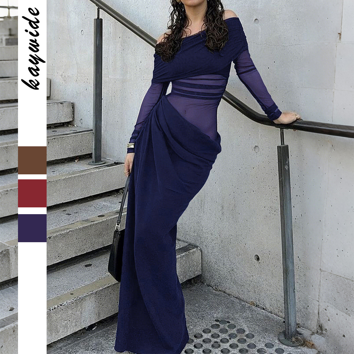 Elegant Off Shoulder Long Sleeve Mesh Maxi Dress for Women Autumn Winter