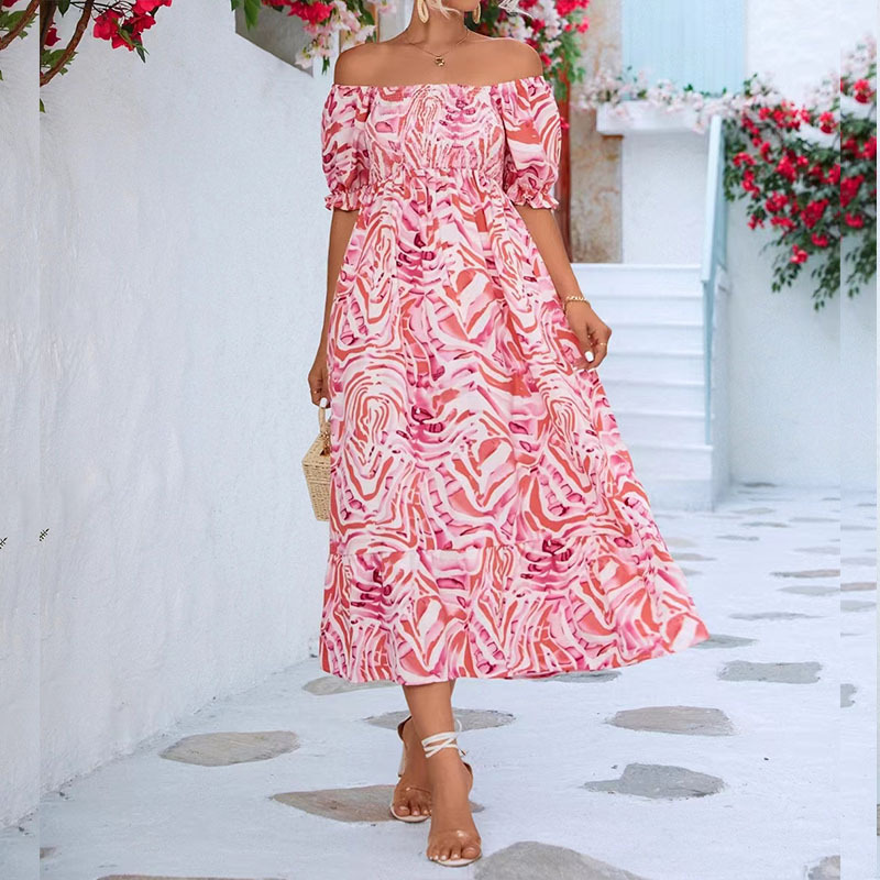 Summer New Sweet Style Strapless Off Shoulder Printed Short Sleeve Elastic Waist Mid Length Floral Dress