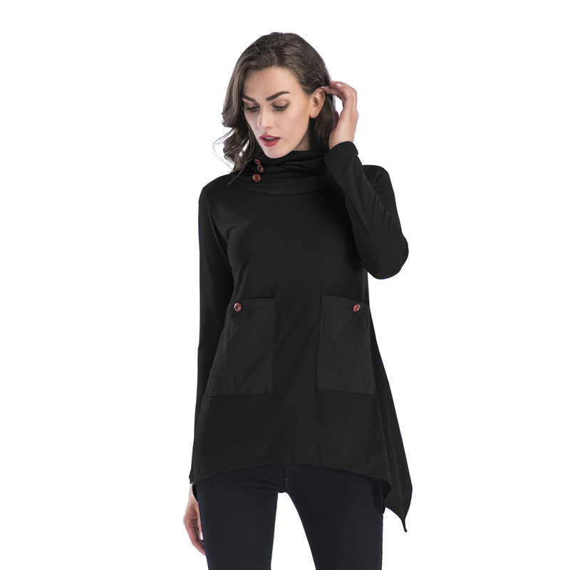 Womens Long Sleeve Pocket T Shirt Solid Color Irregular Hem Mid Length Casual Wear for Spring Wholesale Available