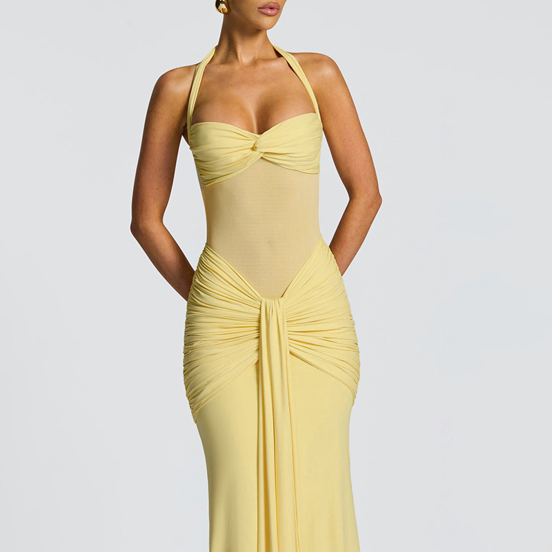 Fashionable Women's Halter Neck Tie Solid Color Sheer Mesh See Through Sexy Flowing Long Dress for Cross Border Style