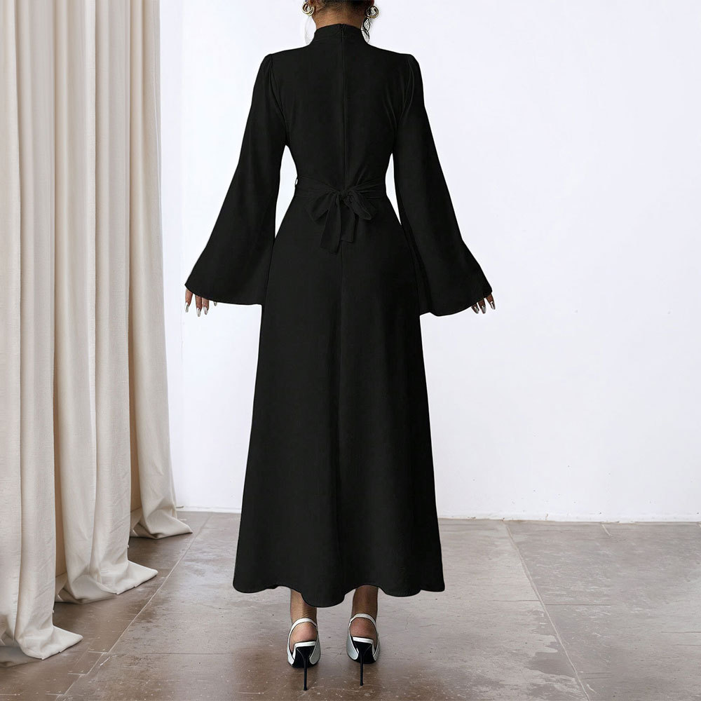 New Black Stand Collar Waist Collecting Long Dress for Women Autumn Winter Long Sleeve Retro Flared Sleeve Solid Color Dress