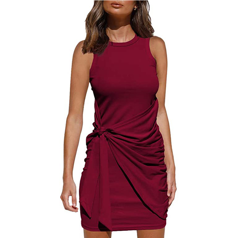 Sleeveless Round Neck Ruffled Dress Bow Tie Waist Asymmetrical Hem Elegant Style Perfect for Parties and Events