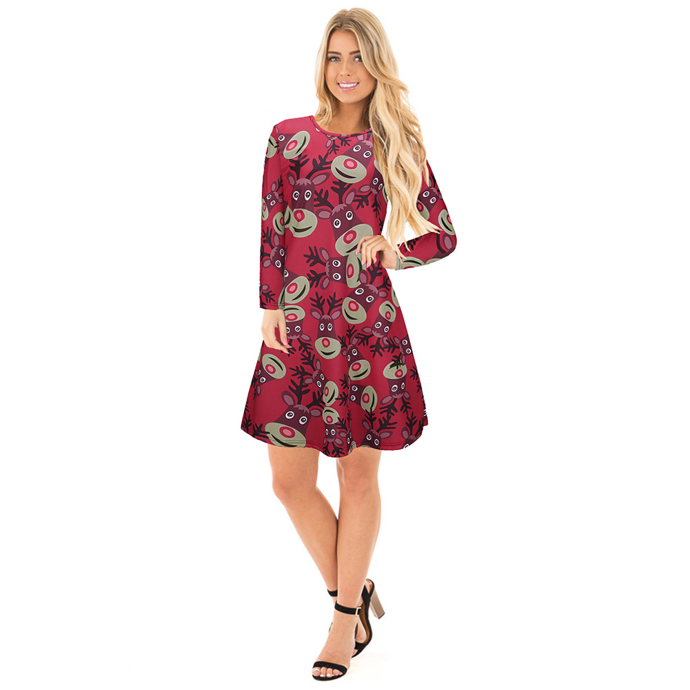 A Line Dress Cartoon Reindeer Print Round Neck Long Sleeve Winter Holiday Wear Wholesale Available