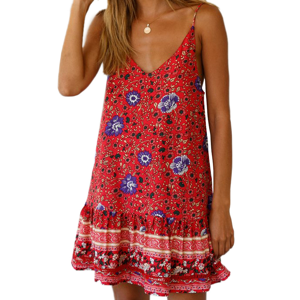 Summer A Line Mini Dress Sexy Sleeveless V Neck Floral Print Ruffled Hem Casual Wear for Parties Wholesale