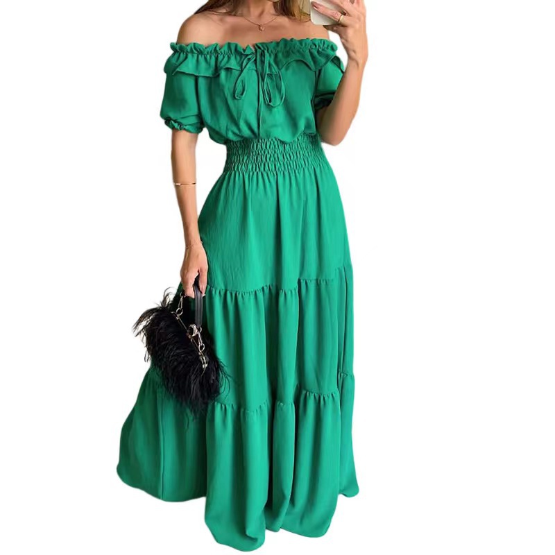 European and American Market Fashionable Solid Color Strapless Ruffled Sleeve Maxi Dress — Elegant, Trendy, Comfortable — Casu