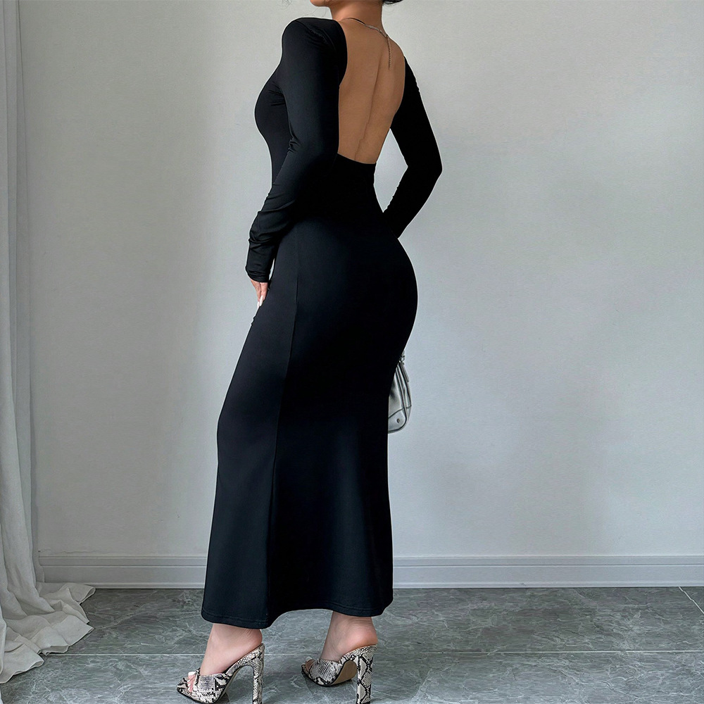 Elegant Backless Maxi Dress High Waist Bodycon Fit Long Sleeve Autumn Winter Fashion for Casual or Evening Wear