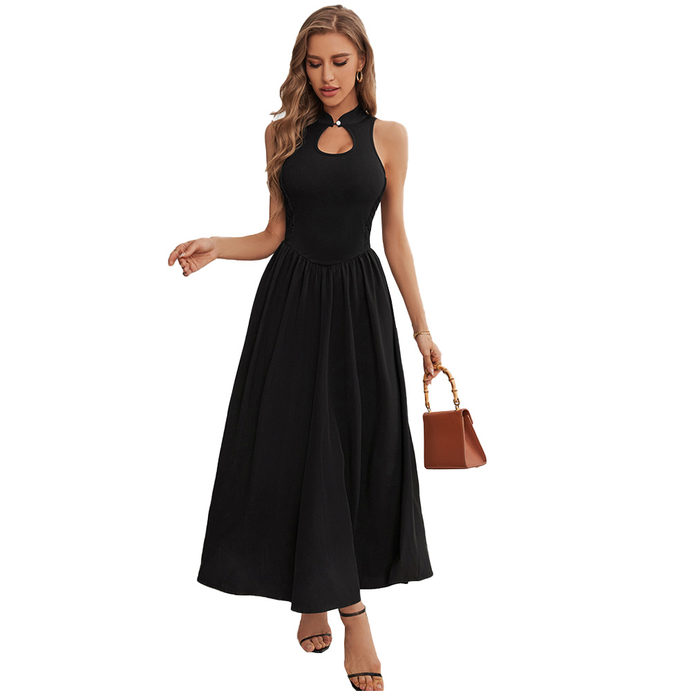 Summer New Sleeveless Half Turtleneck Chinese Style Dress with Button Closure