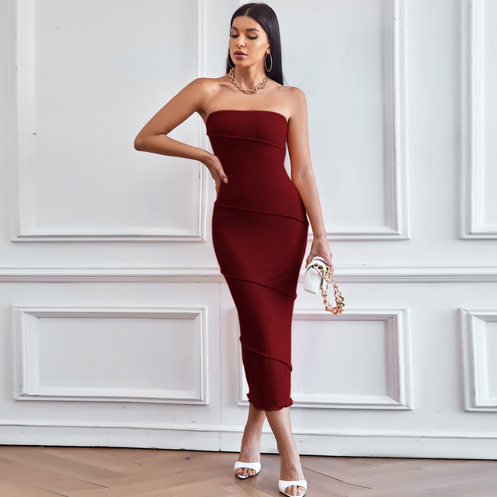 Spring Summer New European and American Style Ins Sexy Strapless Bodycon Dress Solid Color Beach Long Dress