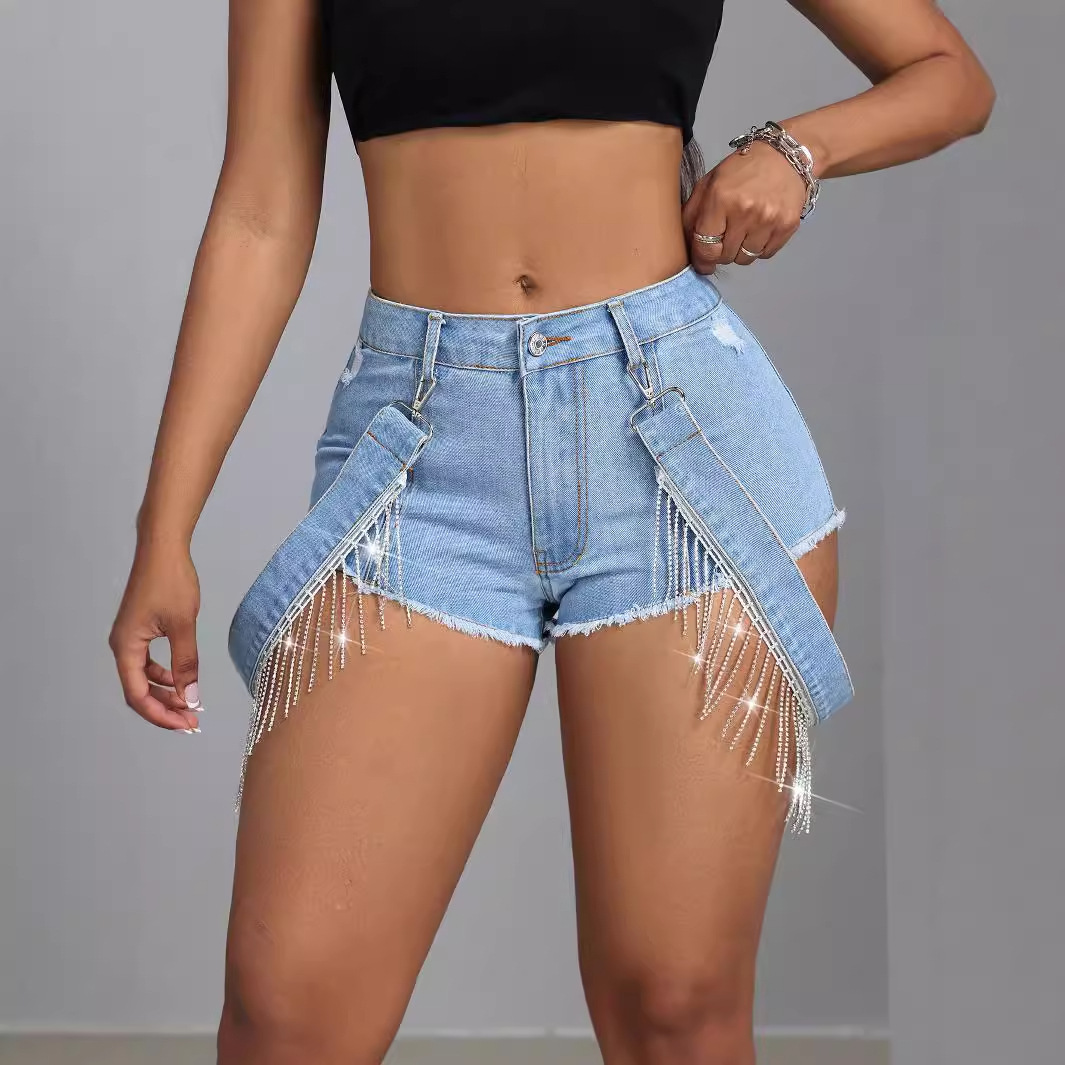 Fringe Hem Denim Shorts Slim Fit Tie Detail Casual Style Perfect for Summer Outings Wholesale Available