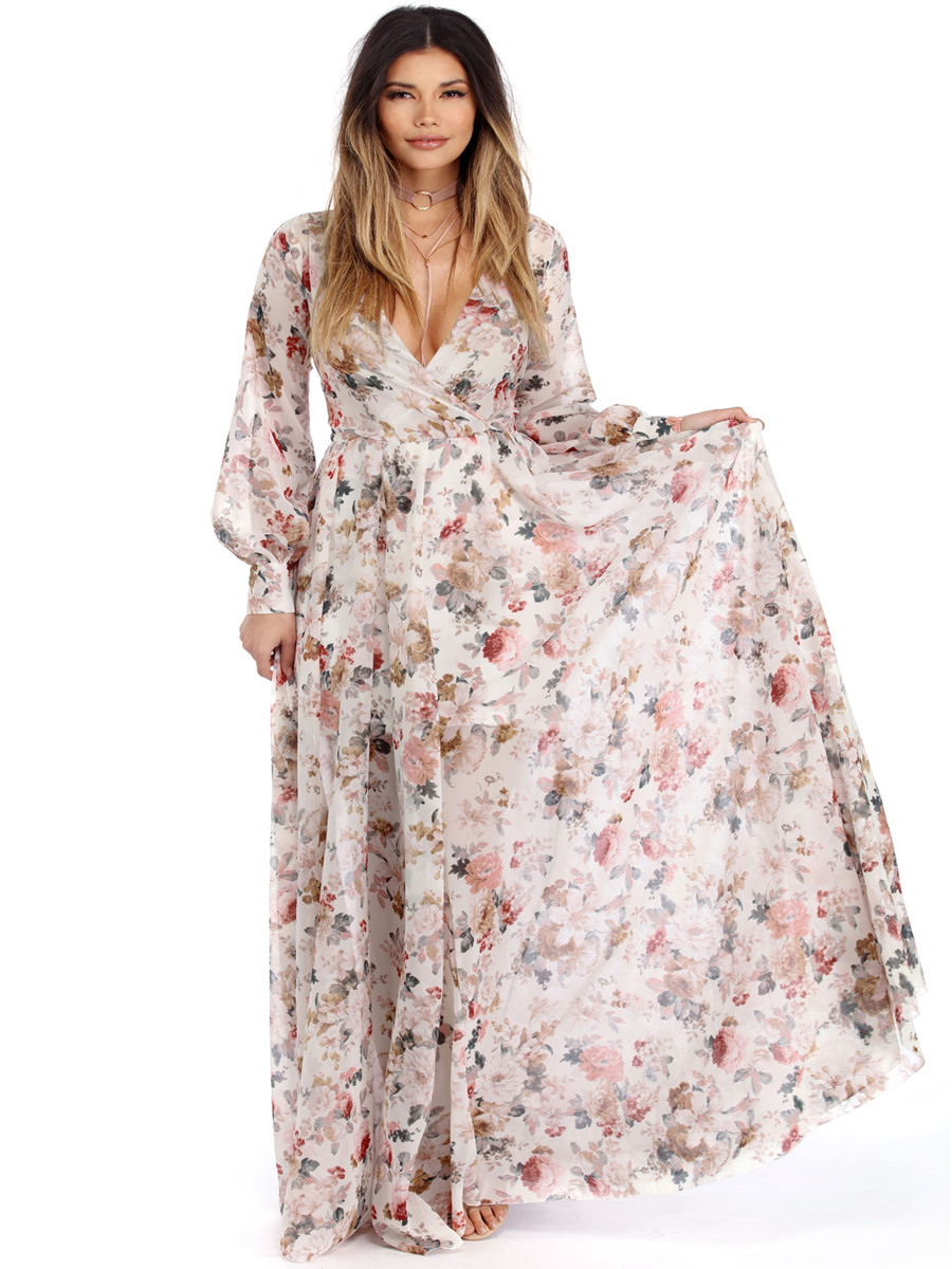 Plus Size Womens V Neck Floral Chiffon Maxi Dress Elastic Waist Flowy Hem Elegant Style Perfect for Summer Events