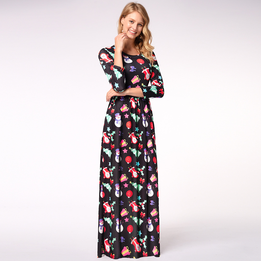 Floral Print Long Sleeve Christmas Dress Round Neck Elegant Style Spring Collection Wholesale Available