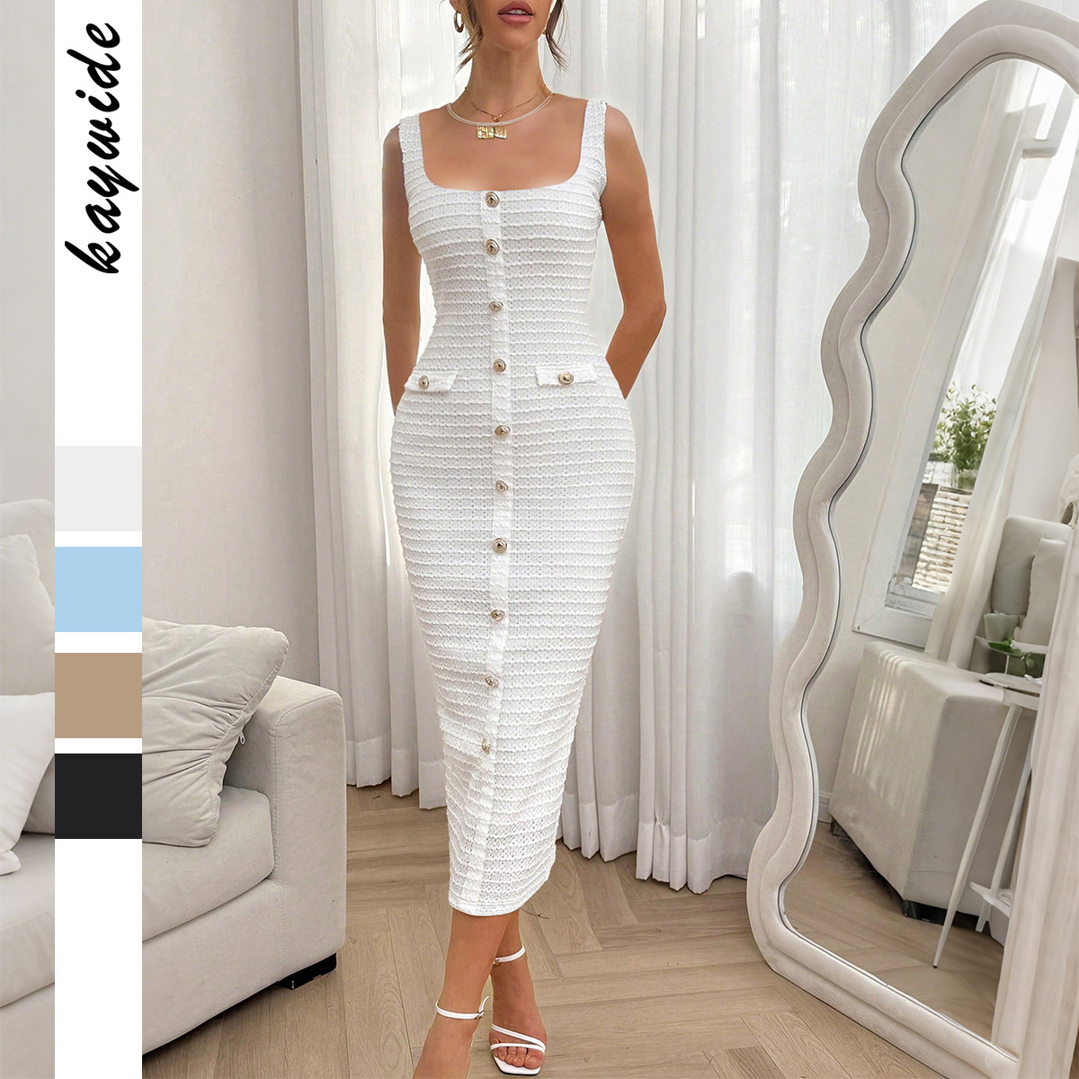 Elegant Button Hip Long Dress for Women Autumn Winter