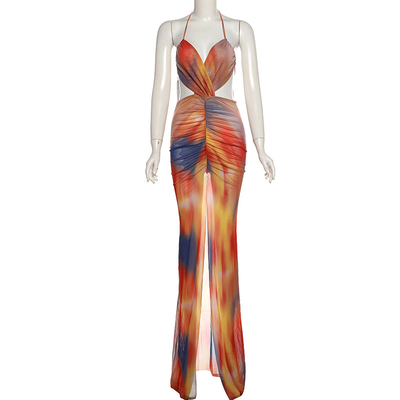 European and American Style Summer New Women's Sexy Halter Backless Tie Dye Printed Mesh Splicing Dress