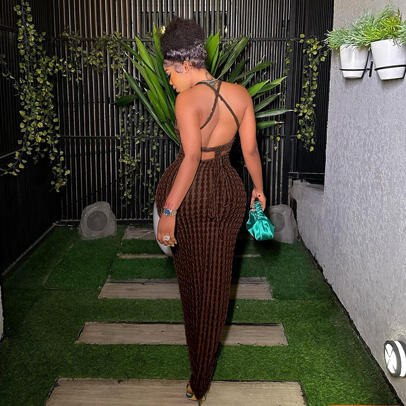 Cross border European and American style spring women's new sling backless temperament sexy solid color popcorn dress