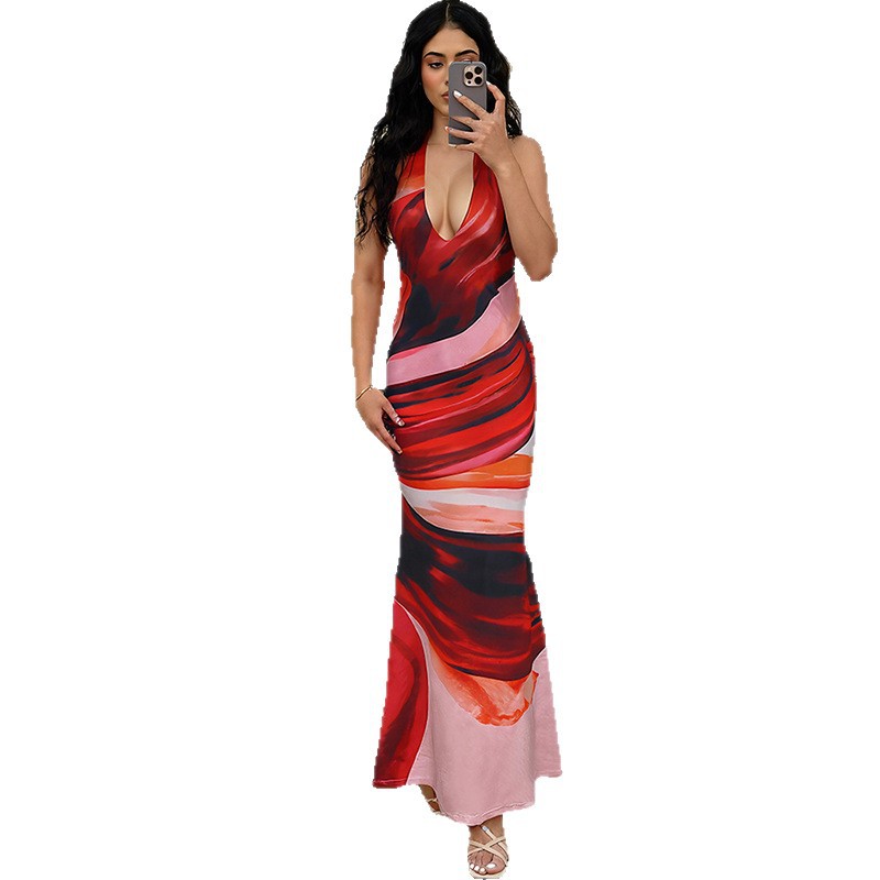 Fashionable Spring Women's Dress with Sexy Halter Neck, Backless Design, Color Block Print, and Bodycon Maxi Length