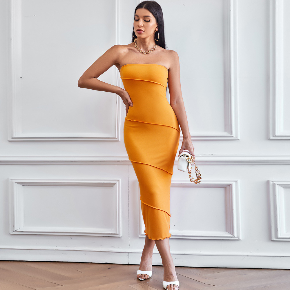 Spring Summer New European and American Style Ins Sexy Strapless Bodycon Dress Solid Color Beach Long Dress