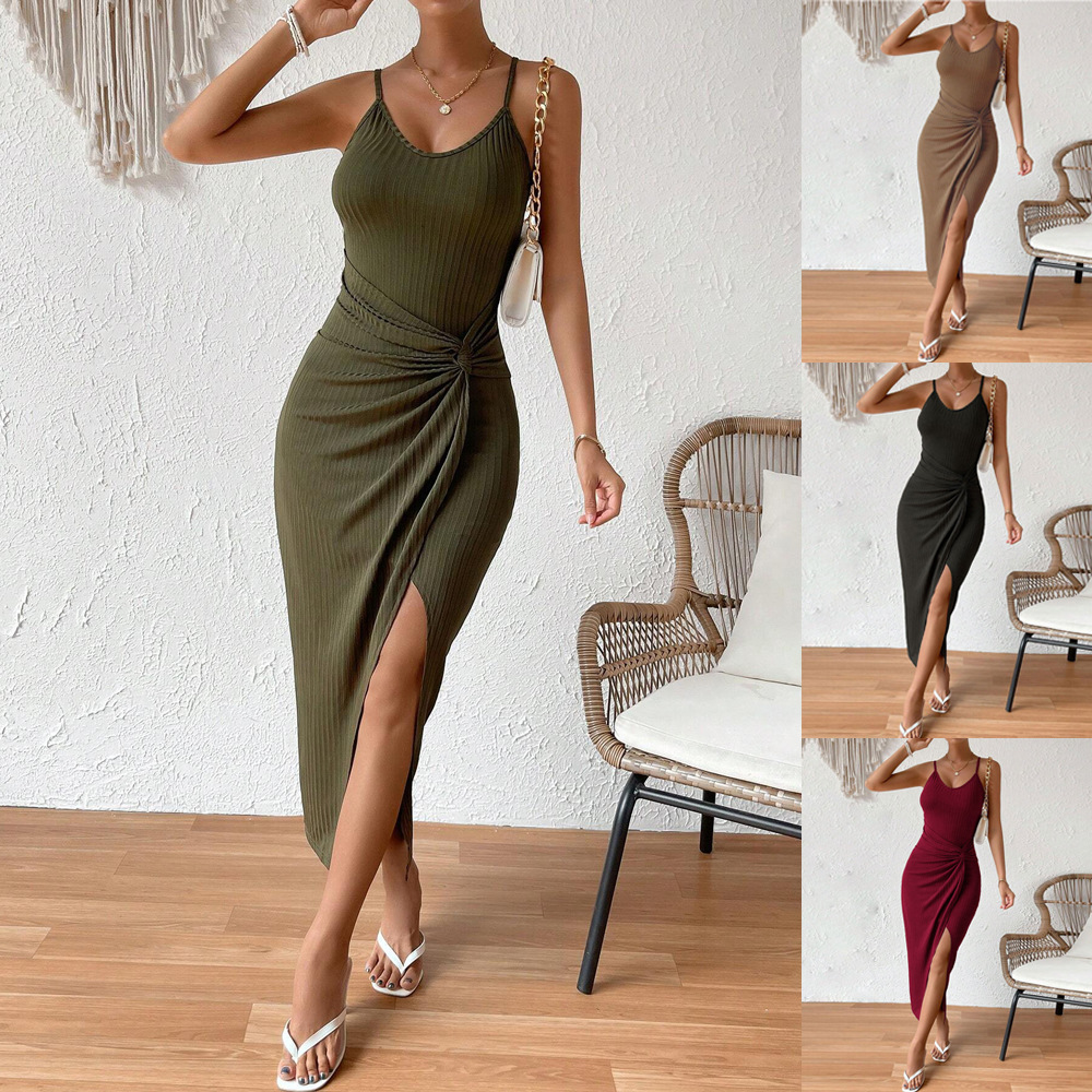 Spring Summer New European and American Women's Slim Waist Hip Split Sexy Backless Strap Dress