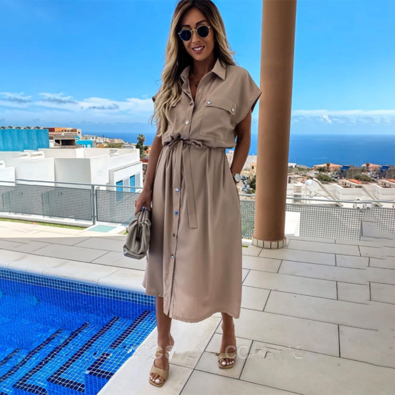 Womens Summer Dress Short Sleeve Lapel Solid Color Belted Button Down Casual or Formal Wear Wholesale Available