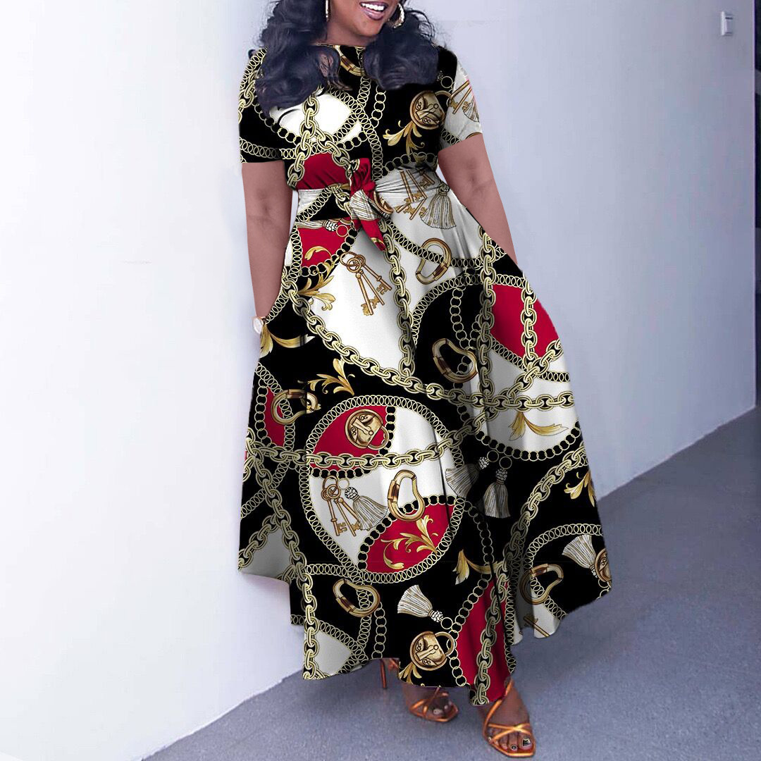 Fashionable Plus Size Short Sleeve A Line Dress with Tie for Women, Trendy African Style, Perfect for Cross Border Trade