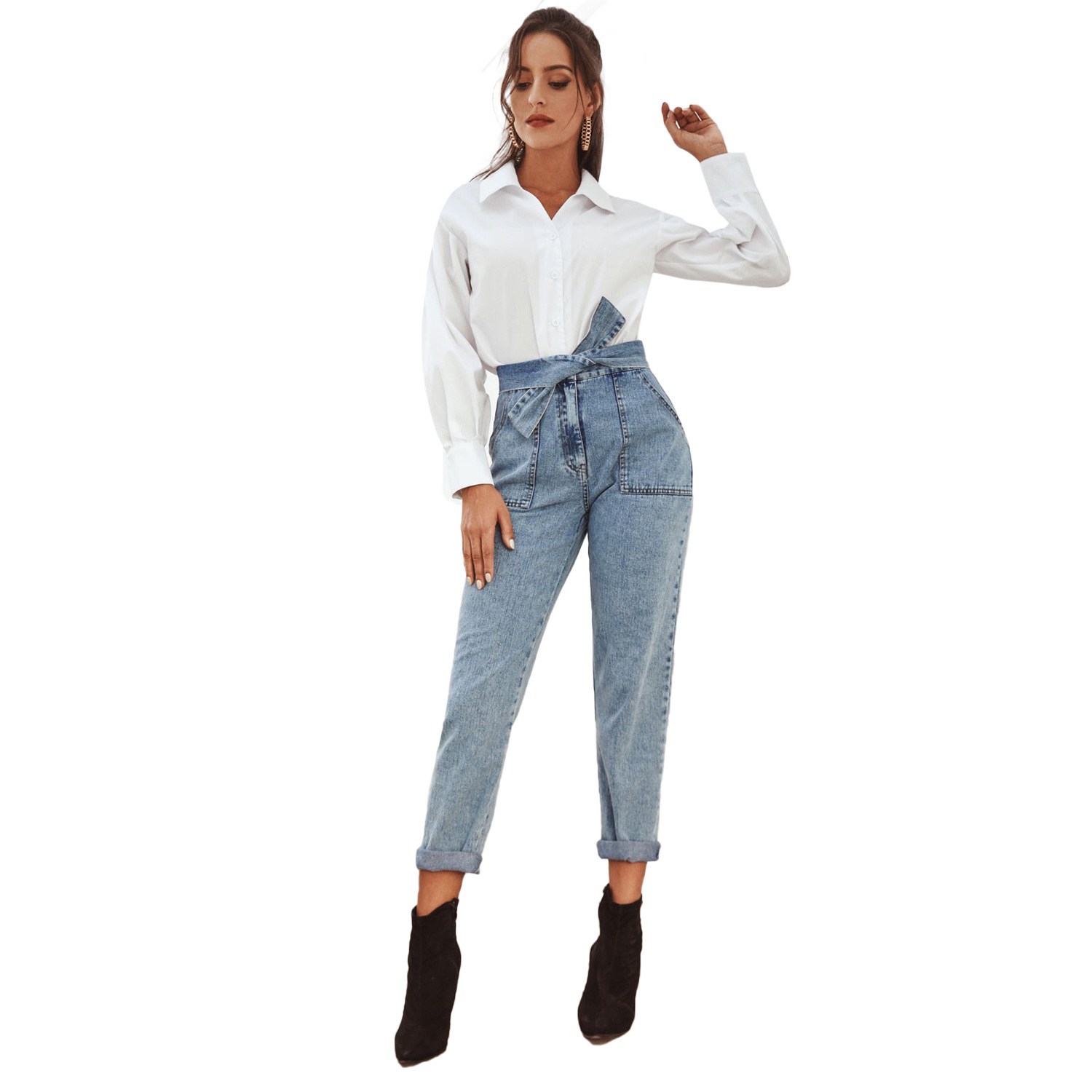 High Waisted Slim Fit Denim Pants Womens Casual Style Perfect for Spring and Summer Ready to Ship