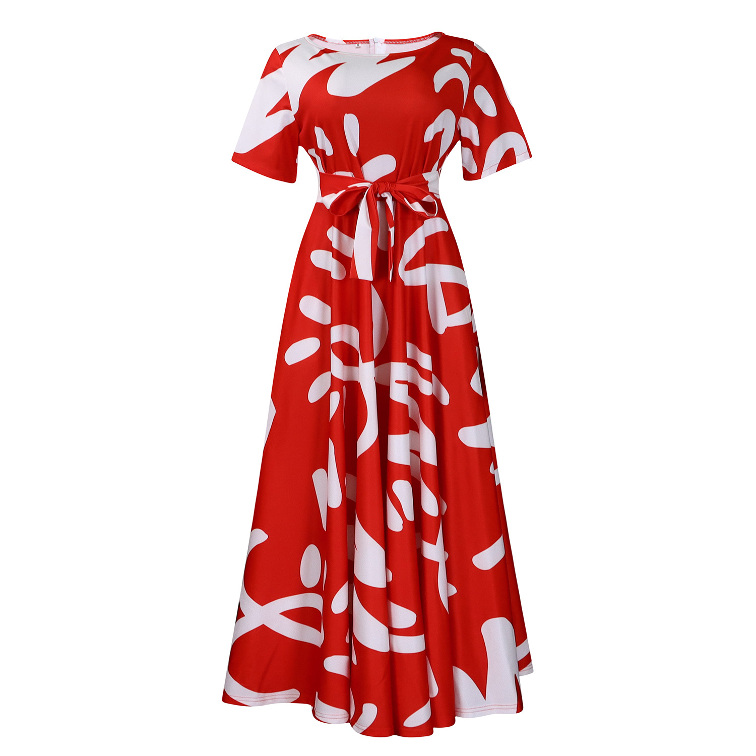 Fashionable Plus Size Short Sleeve A Line Dress with Tie for Women, Trendy African Style, Perfect for Cross Border Trade