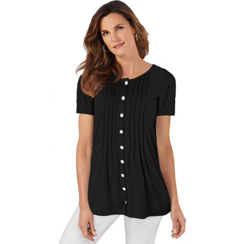 Womens Summer T Shirt Short Sleeve Round Neck Button Detail Pleated Loose Fit Casual Wear Wholesale Available